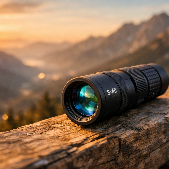 Compact 8x40 monocular with glass optic on a wooden surface with mountain landscape in the background at golden hour