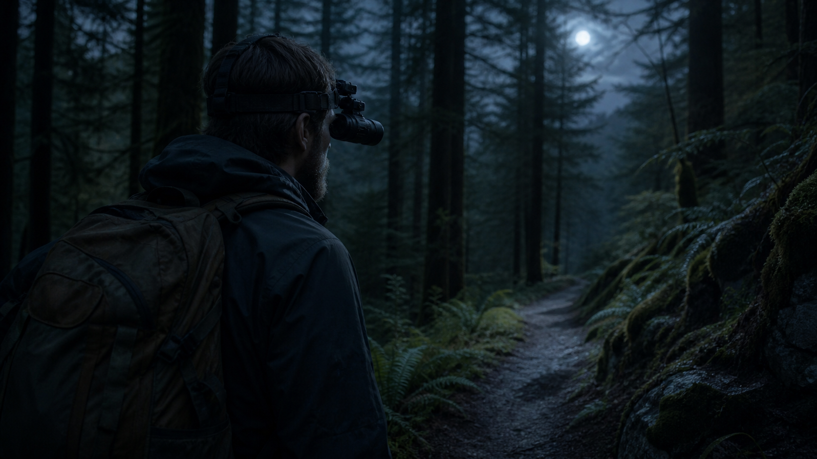 Hiker wearing a head-mounted digital night vision monocular walking a forested trail at night