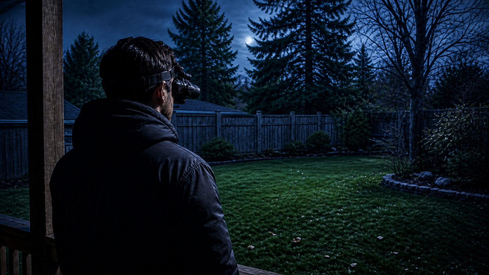Person on suburban back porch using a head-mounted night vision monocular to scan their yard